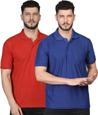 INKKR Solid Men Polo Neck Red, Blue T-Shirt