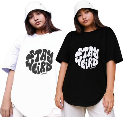 R S Fashion Printed Women Round Neck White, Black T-Shirt