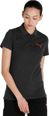 PUMA Solid Women Polo Neck Black T-Shirt