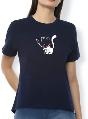 Nilan Tees Wear Printed Women Round Neck Navy Blue T-Shirt