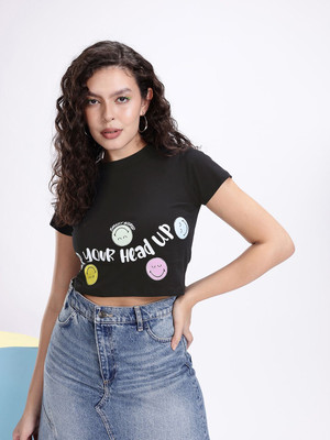Kook N Keech Printed Women Round Neck Black T-Shirt