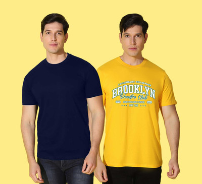 WOOSTRO Typography Men Round Neck Blue, Yellow T-Shirt