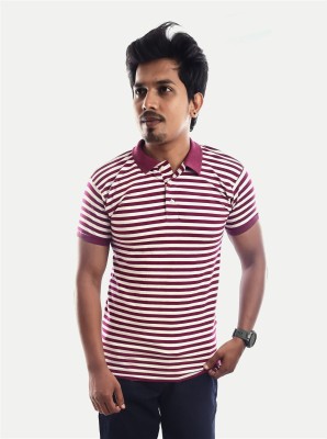 radprix Striped Men Polo Neck Purple T-Shirt