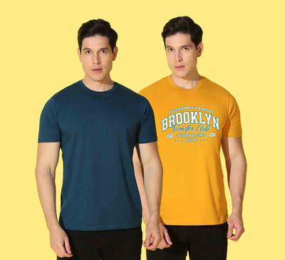 WOOSTRO Solid, Typography Men Round Neck Yellow, Dark Blue T-Shirt
