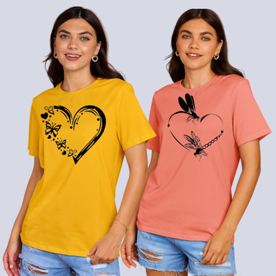 Lecowar Printed Women Round Neck Yellow, Pink T-Shirt