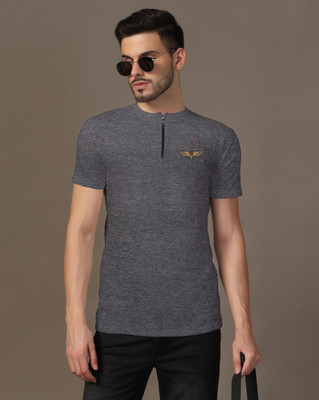 tfurnish Solid Men Zip Neck Grey T-Shirt