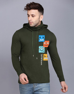 SLOWLORIS Printed Men Hooded Neck Dark Green T-Shirt