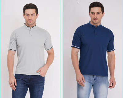 Pavis Solid Men Mandarin Collar Grey, Blue T-Shirt