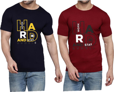 WOOSTRO Printed Men Round Neck Dark Blue, Maroon T-Shirt