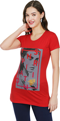 BODYACTIVE Printed Women Round Neck Red T-Shirt
