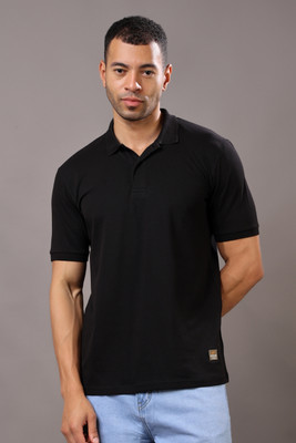 Stylox Solid Men Polo Neck Black T-Shirt