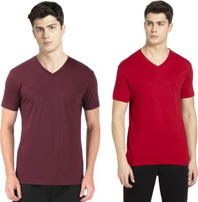 JOCKEY Solid Men V Neck Red, Maroon T-Shirt