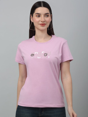 CANTABIL Printed Women Round Neck Pink T-Shirt