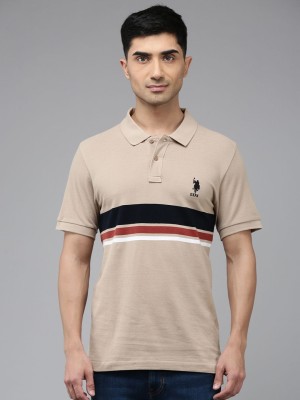 U.S. POLO ASSN. Striped Men Polo Neck Beige T-Shirt