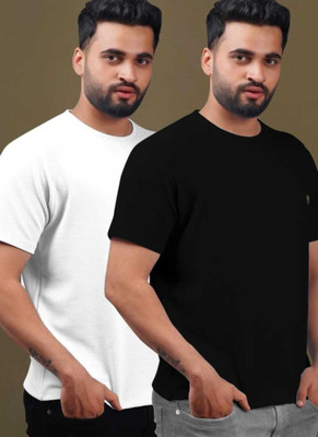 PVS TREND Solid Men Round Neck Black, White T-Shirt