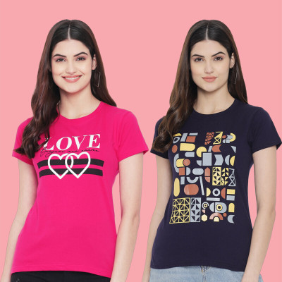 METRONAUT Printed Women Round Neck Navy Blue, Pink T-Shirt