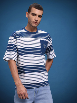 Roadster Striped Men Round Neck Blue T-Shirt