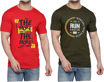 WOOSTRO Printed Men Round Neck Red, Dark Green T-Shirt
