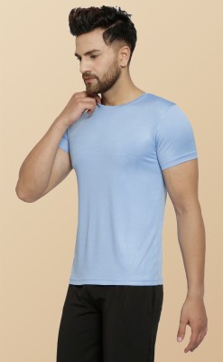 MISSILLE Solid Men Round Neck Light Blue T-Shirt