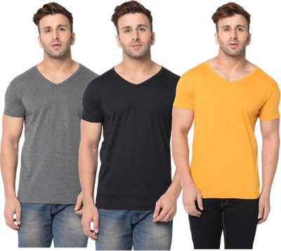 JB Jagoboy Solid Men V Neck Black, Grey, Yellow T-Shirt