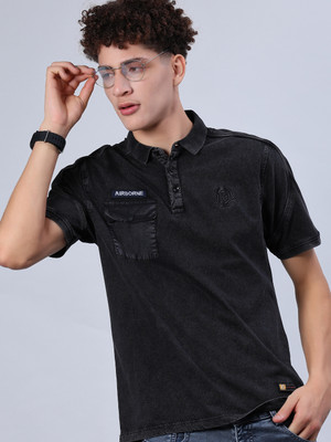 V-MART Solid Men Polo Neck Grey T-Shirt