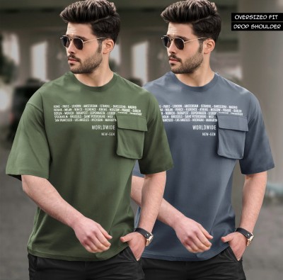 TRIPR Printed, Typography Men Round Neck Dark Green, Grey T-Shirt