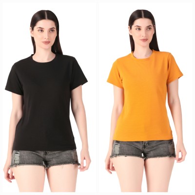 HILFIRE REGION Solid Women Round Neck Black, Yellow T-Shirt