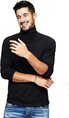 Leotude Solid Men High Neck Black T-Shirt