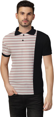 GEUM Striped Men Polo Neck Pink T-Shirt