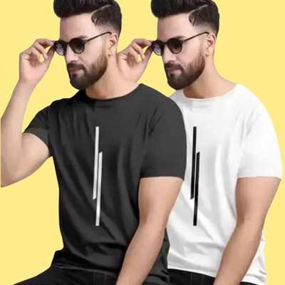 m mart Striped, Self Design Men Round Neck Black, White T-Shirt