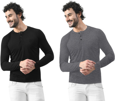 GEUM Solid Men Henley Neck Black, Grey T-Shirt