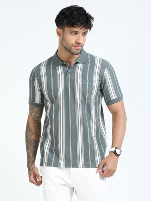 Cool Colors Striped Men Polo Neck Light Green T-Shirt