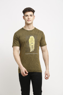 Selfusion Printed Men Round Neck Brown T-Shirt