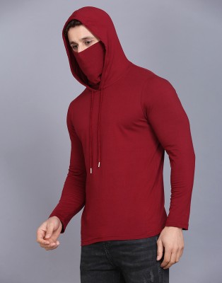 SLOWLORIS Solid Men Hooded Neck Maroon T-Shirt