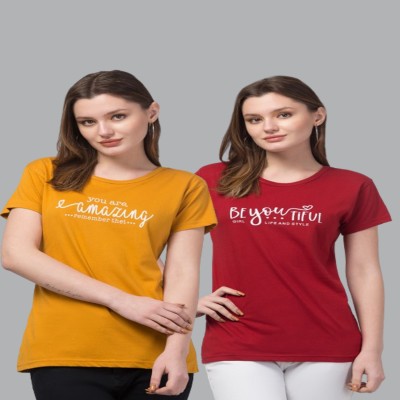 ZAVERA Typography Women Round Neck Yellow, Maroon T-Shirt