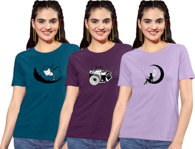 ZentWorld Graphic Print Women Round Neck Dark Blue, Black, Purple T-Shirt