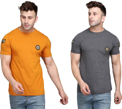 Blisstone Solid Men Round Neck Gold, Grey T-Shirt