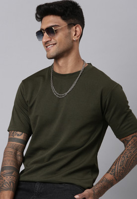 LEWEL Solid Men Round Neck Green T-Shirt