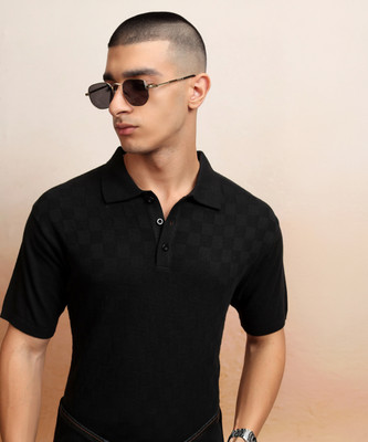 HIGHLANDER Self Design Men Polo Neck Black T-Shirt