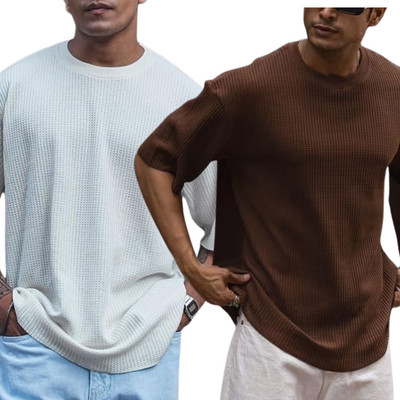 Ppenterises Self Design Men Round Neck White, Brown T-Shirt
