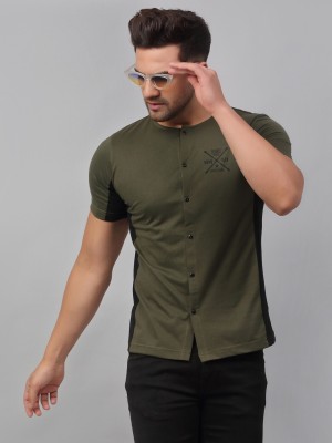 RIGO Solid Men Henley Neck Dark Green T-Shirt