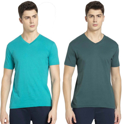 JOCKEY Solid Men V Neck Green, Light Blue T-Shirt