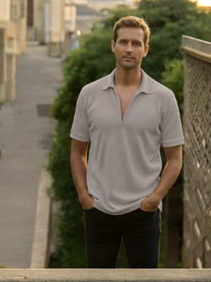 DSV enterprise Self Design Men Polo Neck Grey T-Shirt