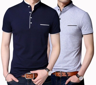 GulGuli Solid Men Mandarin Collar Grey, Dark Blue T-Shirt