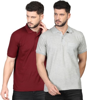 INKKR Solid Men Polo Neck Maroon, Grey T-Shirt