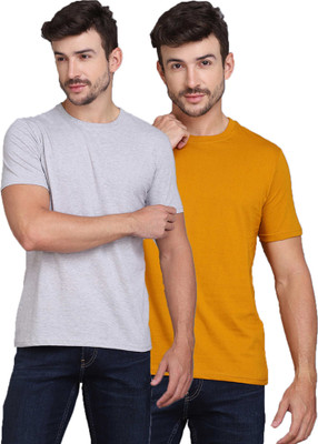 TEEFOX Solid Men Round Neck Grey, Yellow T-Shirt