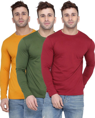 Kroptee Solid Men Round Neck Green, Maroon, Yellow T-Shirt