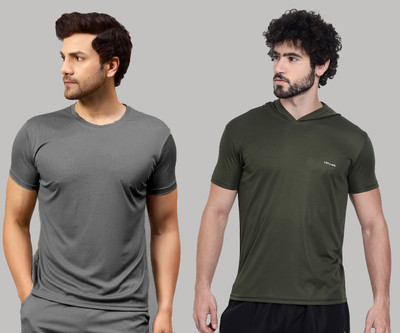 UDI n ADI Solid Men Round Neck Grey, Dark Green T-Shirt