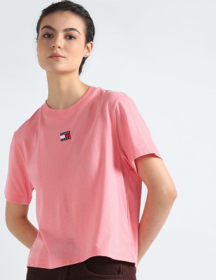 TOMMY HILFIGER Solid Women Round Neck Pink T-Shirt