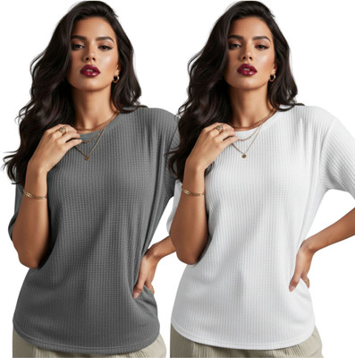 Aqualoom Self Design Women Round Neck White T-Shirt